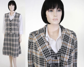 Vintage 3 Piece Plaid Suit - Clueless Inspired Suit - Blazer/Vest/Skirt - Black, Gold, White Plaid - Clueless Costume - 80's Polyester Suit