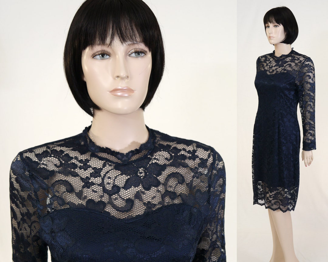 Vintage Navy Blue Lace Dress Long Sleeve Lace Dress Cocktail Dress Short Lace Dress Party Dress
