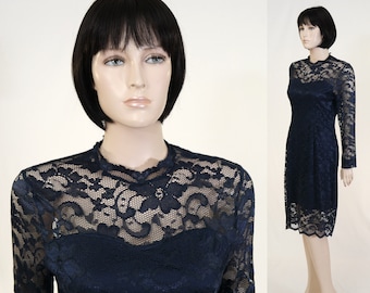 Vintage Navy Blue Lace Dress - Long Sleeve Lace Dress - Cocktail Dress - Short Lace Dress - Party Dress - Formal Wear - Lace Over Dress