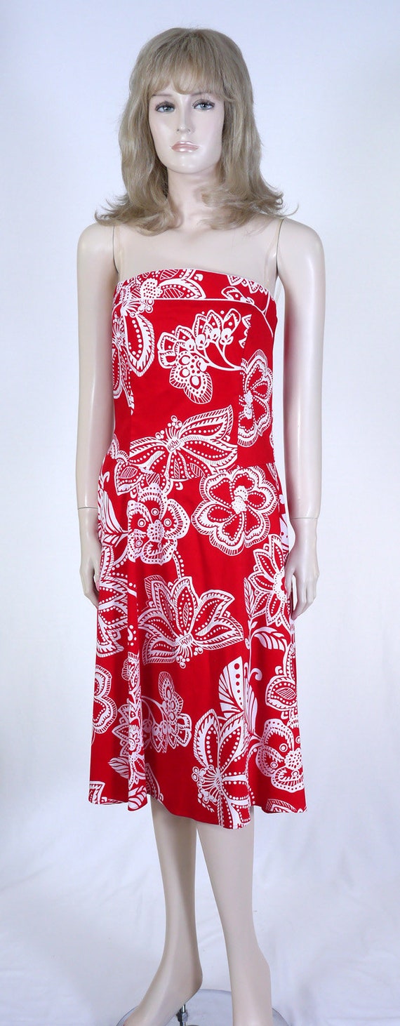 Vintage 1990s Red Floral Strapless Dress - Hawaii… - image 2