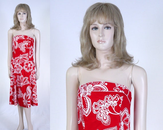 Vintage 1990s Red Floral Strapless Dress - Hawaii… - image 1