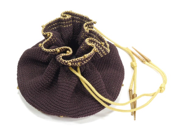 Vintage Crochet Drawstring Purse - Crocheted Pouc… - image 1
