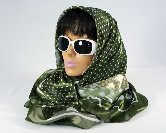 Silky Green/white Polka Dot Head Scarf - 100% Polyester - 38