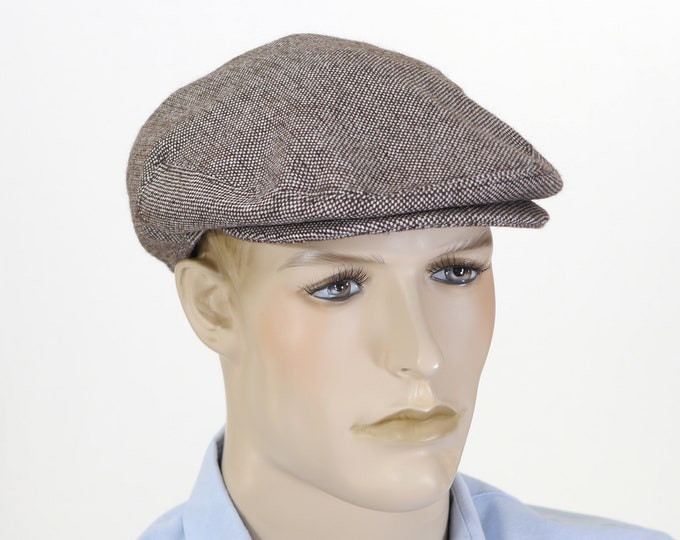 Vintage Men's Brown Herringbone Tweed Ivy Cap Wool Blend Snap Bill Size Medium Men's Tweed Cap