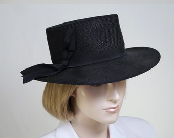 Vintage Mid-Century Valerie Modes Women's Boater Style Straw Hat - Valerie Modes Hat - Black Fashion Hat - Formal Hat - Flat Top/Ribbon Band