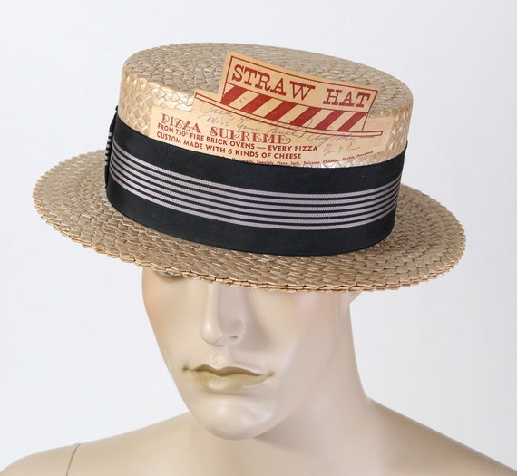 Vintage Original Straw Hat Pizza Boater Hat - 1960