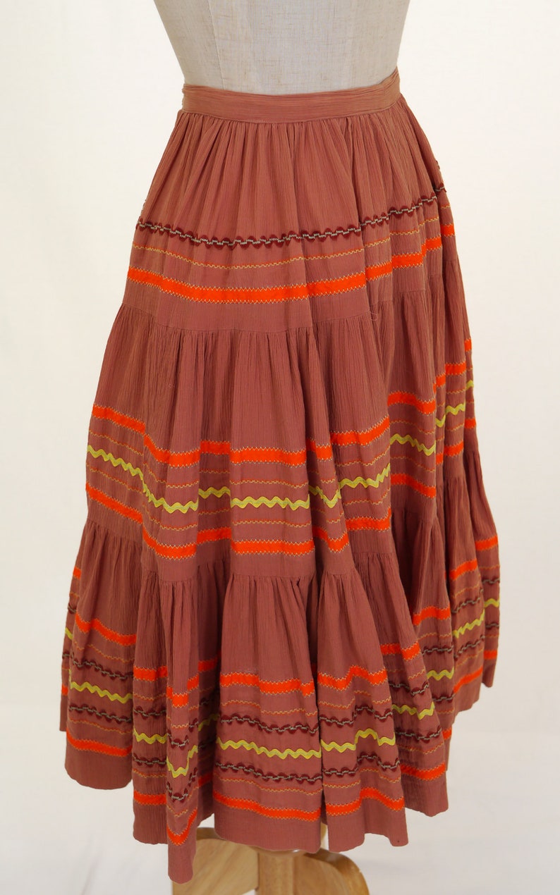 Vintage 1980s Southwest Style Circle Skirt Brown, Orange, Yellow Circle Skirt Unlined Western Skirt Waist 24 Patio Skirt image 7