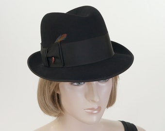 May include: A black fedora hat with a black ribbon and a small feather accent.