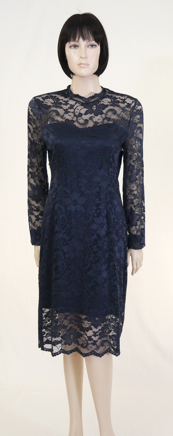 Vintage Navy Blue Lace Dress - Long Sleeve Lace D… - image 3
