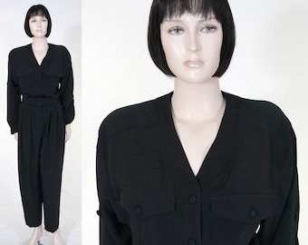 Vintage Chaus Black Belted Jumpsuit - Silky Polyester - Black Jumpsuit - 1980's Jumpsuit - Playsuit - Jumper - Pockets - Shoulder Pads