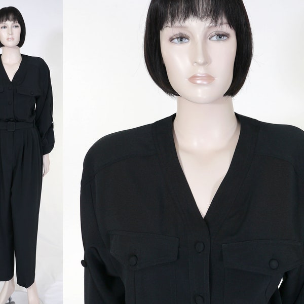 Vintage Chaus Black Belted Jumpsuit - Silky Polyester - Black Jumpsuit - 1980's Jumpsuit - Playsuit - Jumper - Pockets - Shoulder Pads