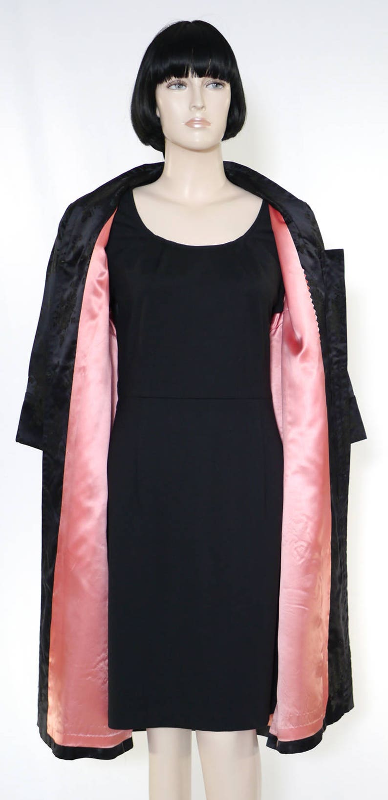Vintage 1960s Black Satin Evening Coat Hand Tailored Made in Japan Pink