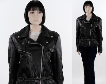 Vintage Bullskins Women's Leather Motorcycle Jacket - Black Leather Jacket - Zipper Details - Size 16 - Belted Leather Jacket - Biker Jacket