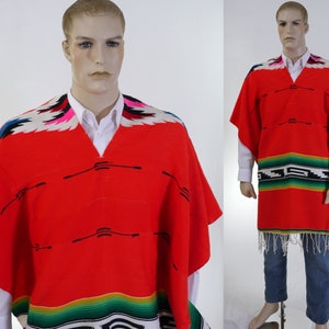 Vintage Wool Poncho - Red Pull Over Poncho - Poncho With Fringe - Poncho Souvenier - V Neck Poncho - Red Wool Poncho - Unisex Poncho