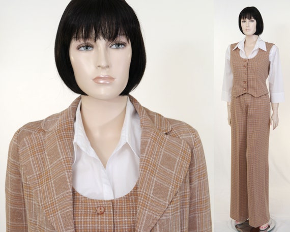 Vintage Polyester Plaid 3 Piece Women's Suit - Bla