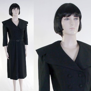Vintage 1960s Women&#39;s Black Dress / Large Collar - 3/4 Sleeves / Retro Career Dress / Mid Century Dress / Little Black Dress