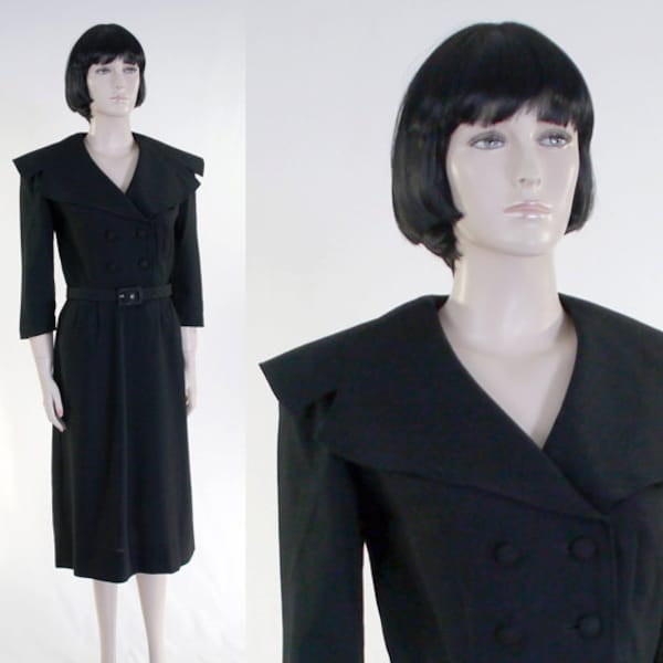 Vintage 1960s Women's Black Dress / Large Collar - 3/4 Sleeves / Retro Career Dress / Mid Century Dress / Little Black Dress