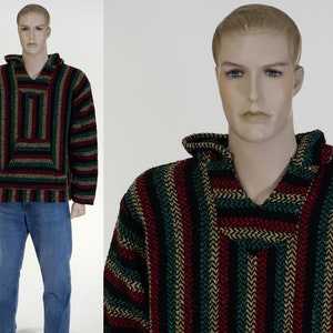 May include: A black, green, red, and gold striped hooded sweater with a v-neck.