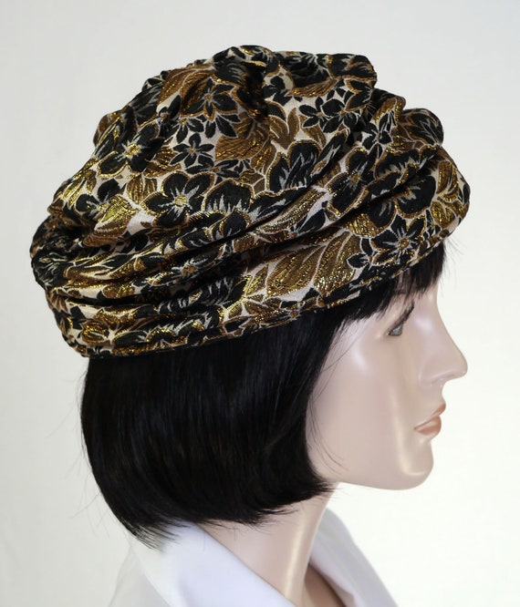 Vintage 1950s Women's Metallic Turban - Black & G… - image 5