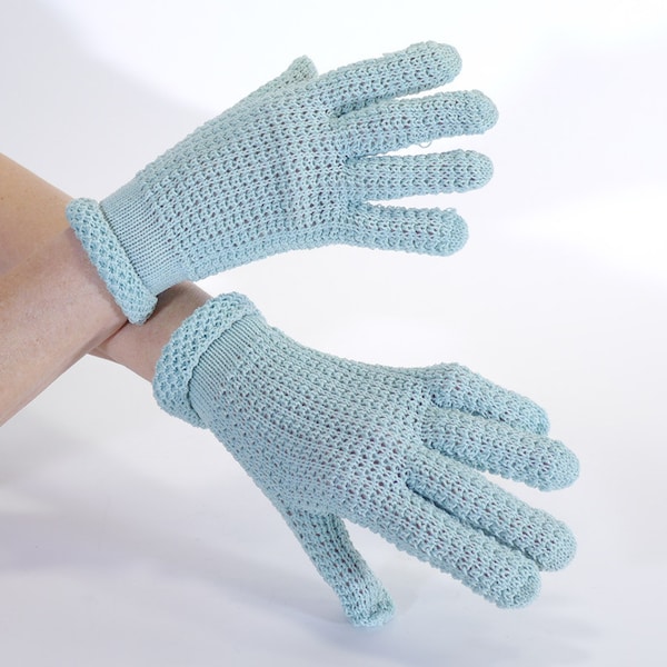 Vintage Women's Hensen Blue Green Knit Gloves - Over Wrist  - Size 6.5/Small - Mid Century - Costume Knits - Blue Knit Gloves