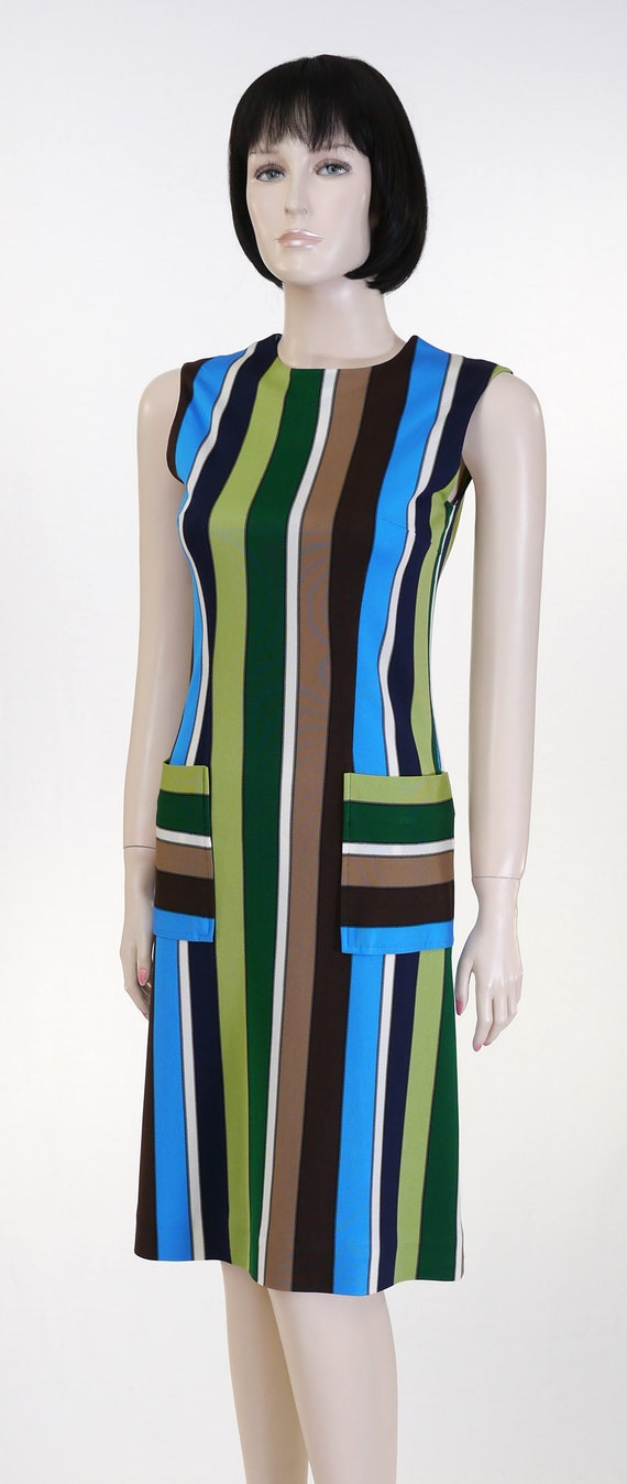Vintage 1970s Striped Polyester Shift Dress - Blu… - image 7