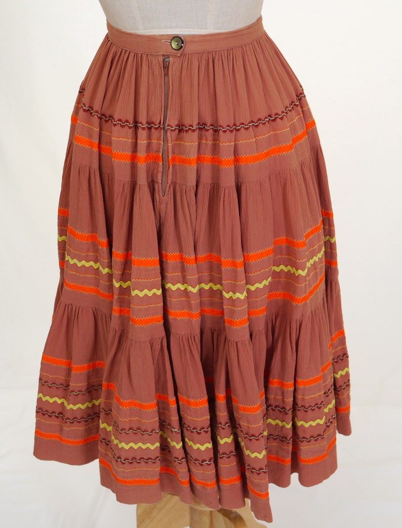 Vintage 1980s Southwest Style Circle Skirt Brown, Orange, Yellow Circle Skirt Unlined Western Skirt Waist 24 Patio Skirt image 6