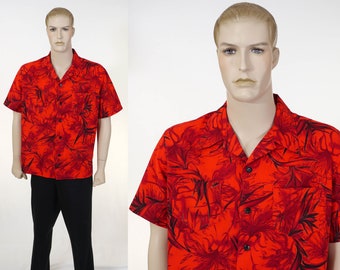 Vintage Men's Hawaiian Shirt - Bird of Paradise Pattern - Red/Black Hawaiian Shirt - Cotton - Beach Shirt - 2 Pockets - Vacation Shirt