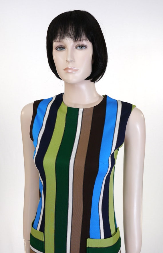 Vintage 1970s Striped Polyester Shift Dress - Blu… - image 2