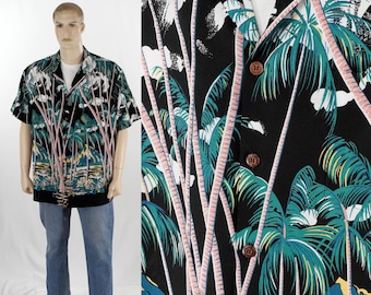 Camisa hawaiana vintage de manga corta con botones y estampado "Palmeras a medianoche" - Nueva, sin usar - Talla L/XL - Camisa hawaiana para hombre