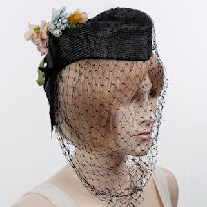 Vintage Mourning Hat With Veil and Flowers - Hat With Bow - Garrison Style Hat - Black Hat With Veil - Historical Women&#39;s Hat - Hats