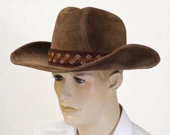 Vintage Brown Brushed Leather Cowboy Hat - GW Cowboy Hat - Braided Band - Size M- Cowboy Hat - Western Hat - 7 1/8 - Wide Brim