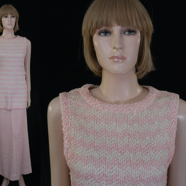 Vintage Women's Suit / Pink and White Keith Adams for Tannel 2 Piece Ribbon Fabric Tunic Top and Maxi Skirt  - Stripes - 70's Formal Suit