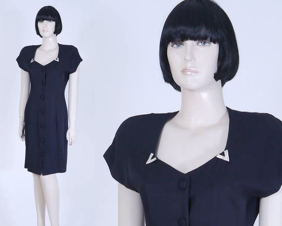 Vintage 1980s Women's Black Dress - Jeweled Collar