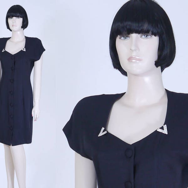 Vintage 1980s Women's Black Dress - Jeweled Collar - Evening Dress - Cocktail Dress - Little Black Dress - Formal Attire