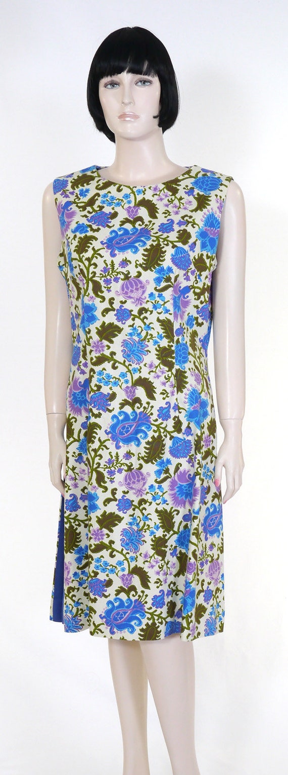 Vintage 1960s Women's Mod Summer Dress - Blue & G… - image 3