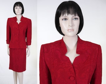 Vintage Miss Dorby Petite Red Suit - Jacket & Skirt - Brocade Paisley Print - 1980's Suit - Formal Attire - Size 12P - Unlined Suit