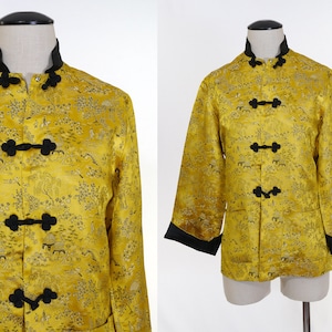 Vintage 1960s Women&#39;s Gold Brocade Japanese Satin Jacket - Hand Tailored - Made in Japan - Size Small - Black Lining