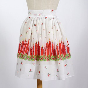 Vintage Holiday Christmas Candle Apron - Candle Border Print Hostess Half Apron - Size Large