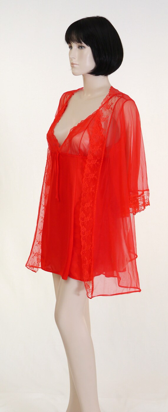 Vintage Red Babydoll & Robe Set - 2 Piece Lingeri… - image 3