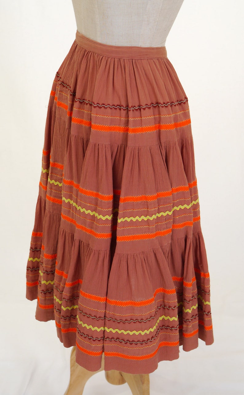 Vintage 1980s Southwest Style Circle Skirt Brown, Orange, Yellow Circle Skirt Unlined Western Skirt Waist 24 Patio Skirt image 5