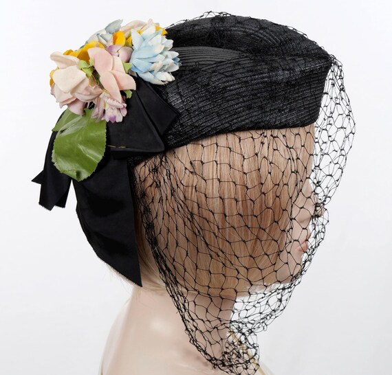 Vintage-Inspired Navy Floral Pillbox Hat with Veil 1940s Inspired, Airforce Blue, Wool Felt Pillbox With Felt  main image 2