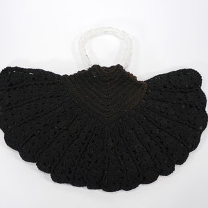 Vintage 1940&#39;s Half Moon Black Crocheted Fan Purse - Mid Century Handbag - 18&quot; Across - Zip Closure & Inside Pocket - Black Half Moon Purse