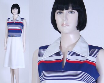 Vintage 1960s Women's Cruise Suit - Two Piece Polyester Outfit - Red/White/Blue Striped - Jacket and Dress - Belt - Nautical Suit