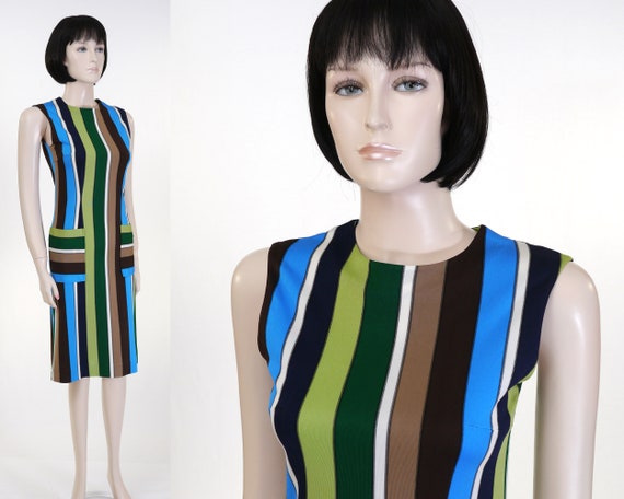 Vintage 1970s Striped Polyester Shift Dress - Blu… - image 1