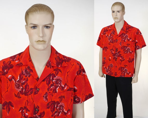 Vintage Men's Hawaiian Shirt - Floral Pattern - Red/M… - Gem