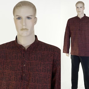 Men&#39;s Mandarin Collar Shirt - Long Sleeves - Size 42 Chest - Brown w/Black Graphics - 100% Cotton - Light Weight - Summer Shirt - 4 Buttons