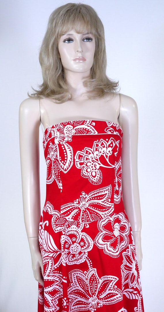 Vintage 1990s Red Floral Strapless Dress - Hawaii… - image 3