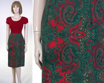 Holiday Pencil Skirt / Red & Green Paisley / Christmas Skirt / Party Skirt / 28" Waist / Size Medium / Fully Lined/ Upcycled Tablecloth