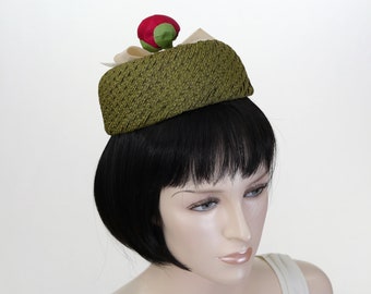 Vintage 1960's Women's Rivera Hat - Pillbox Hat - Green Pillbox Hat - Peony Hat - Italy - Ribbon Hat - Peony & Bow Hat - Mid Century Hat