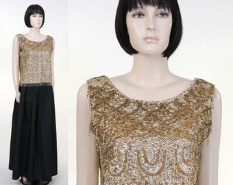 Vintage Jeri-Jo New York Gold Hand Beaded Lined Top - Long Black Skirt - Formal Wear - Beaded Top/Shell - Long Black Formal Skirt NOS